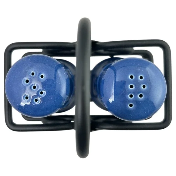 Longaberger Cornflower Blue Salt & Pepper Shaker Set w/ Black Wrought Iron Caddy - Picture 5 of 14